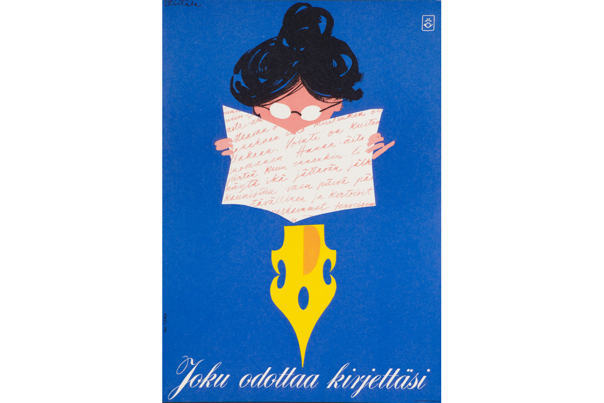 Julisteessa piirretty nutturapäinen nainen lukemassa paperia, jossa punaisella tekstiä, alla vanhan ajan kynän pää sekä kaunolla teksti joku odottaa kirjettäsi,