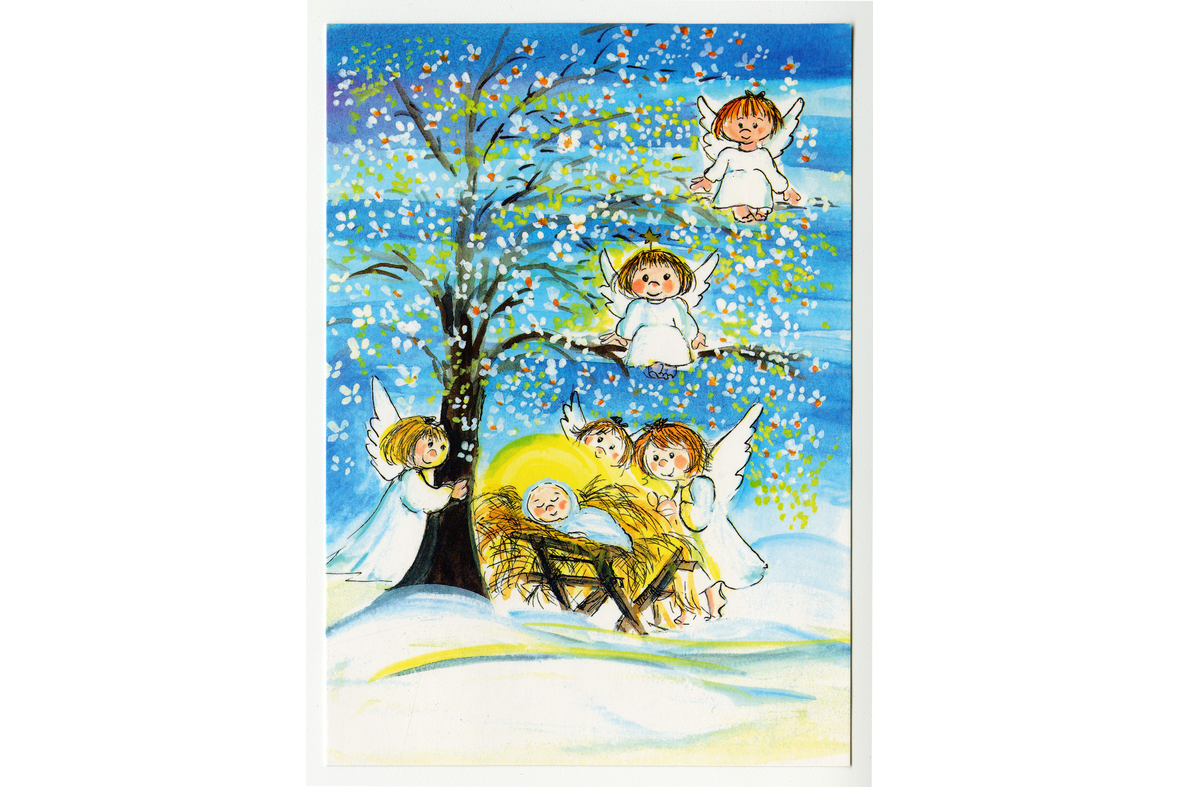Pystymallisessa postikorttipiirroksessa on seimessä pieni vauva lumihangen päällä puun vieressä ympärillään ja puissa enkeleitä.