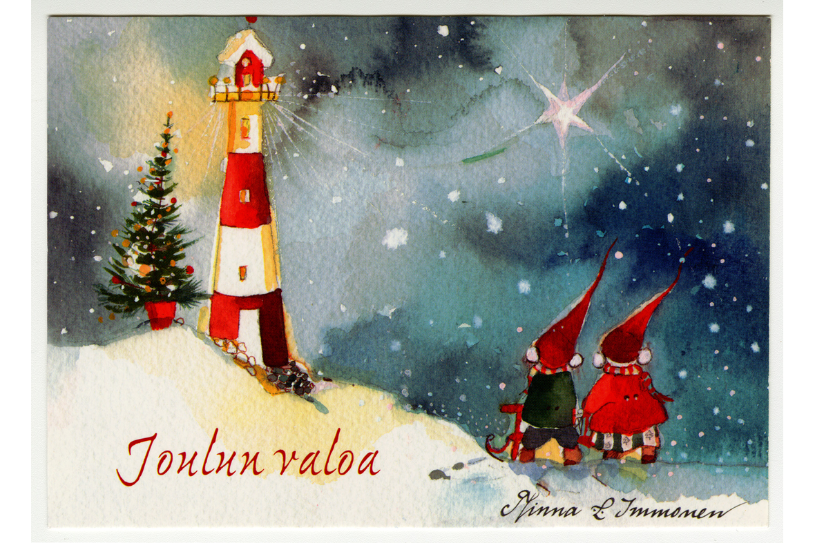 Vaakapiirrospostikortissa on tähtinen taivasta, majakka, joulukuusi ja kaksi selin kelkoilla olevaa punalakkista ihmishahmoa.