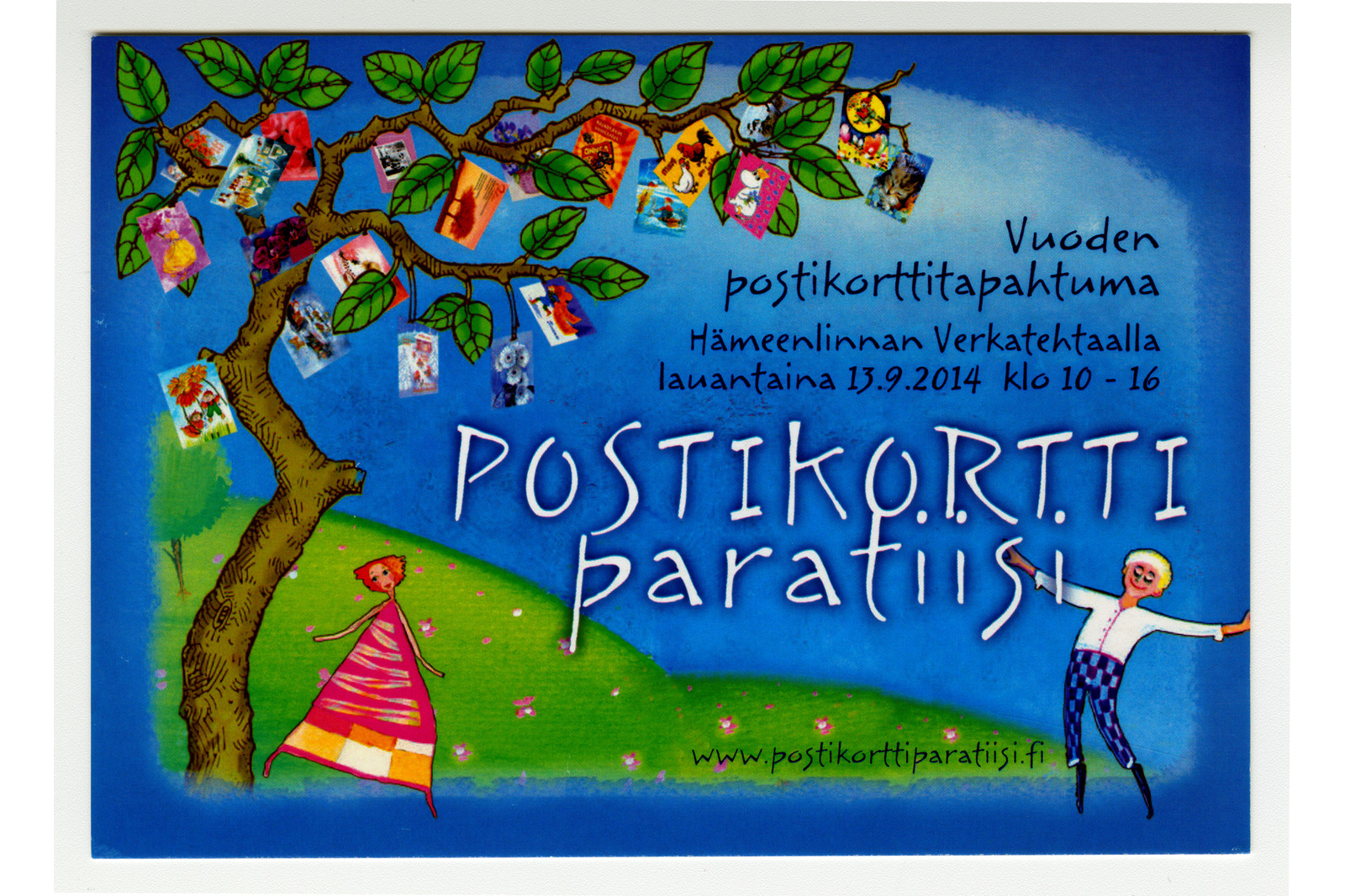 Vaakamallinen postikortti, jossa on piirros puusta postikortein ja lehdin sekä mies ja nainen. Otsikkona kortissa on Postikorttiparatiisi.