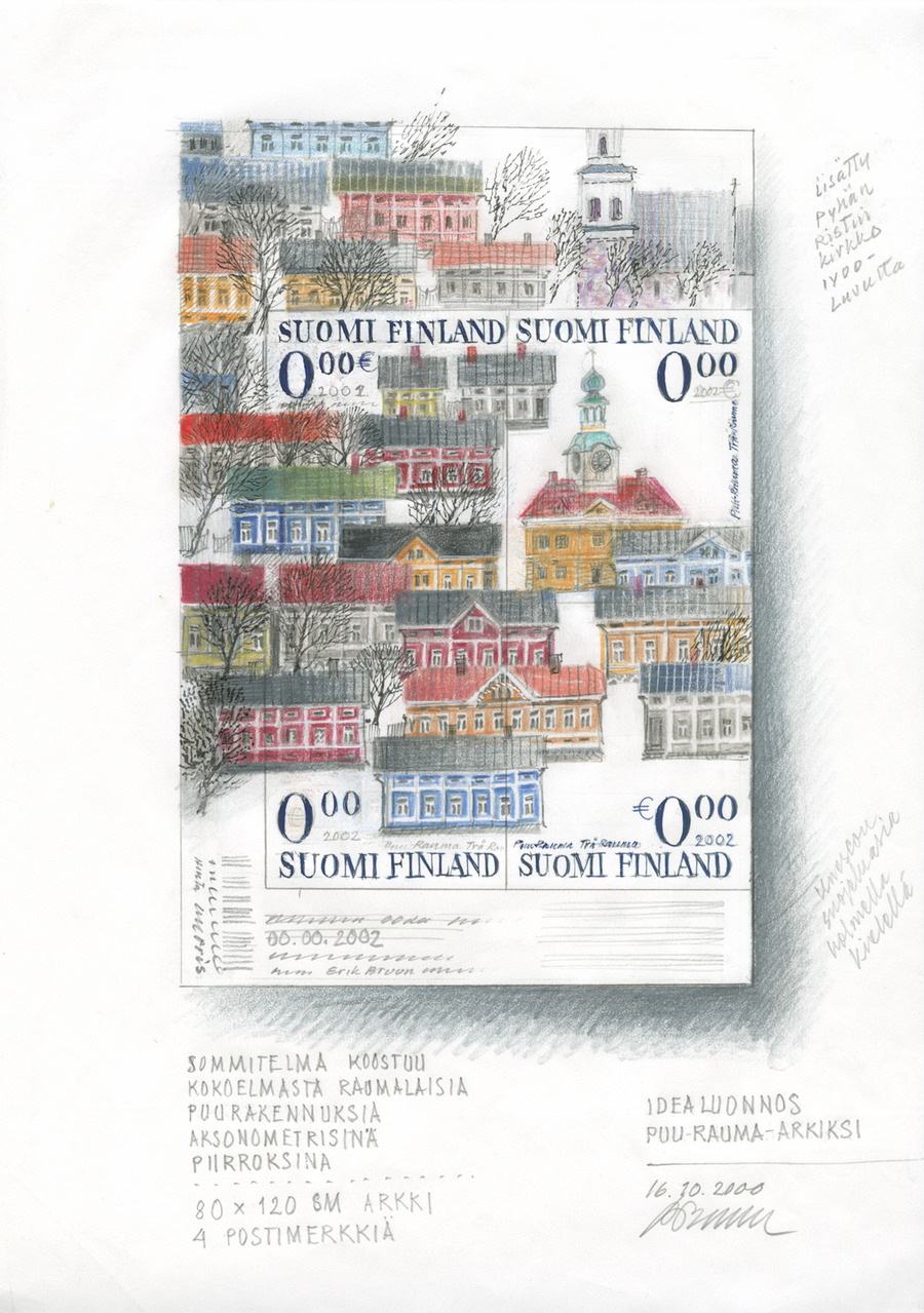 Paperille on piirretty pystyasentoon värikäs kaupunkimaisema.