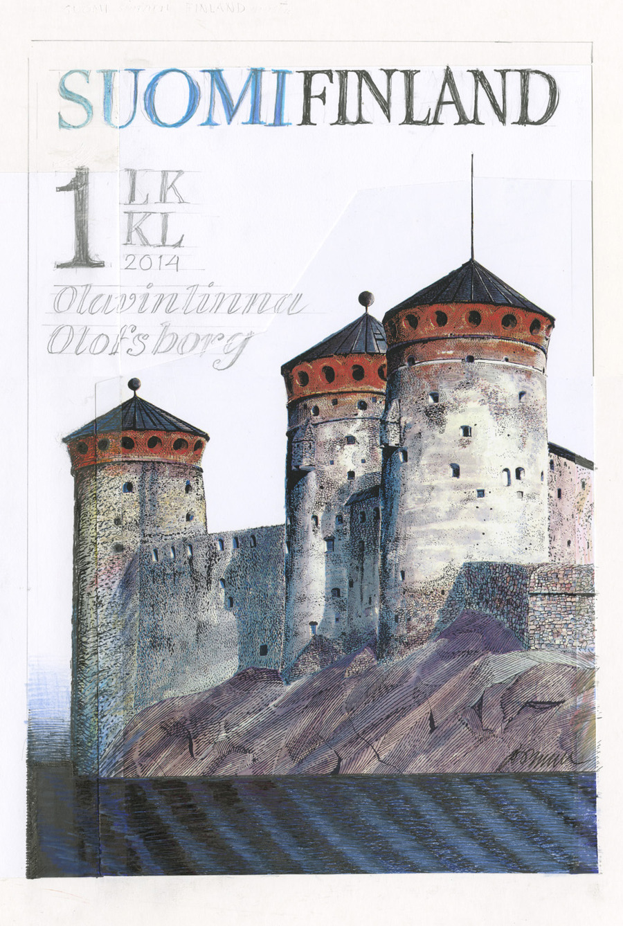 Piirustuksessa kolme linnan tornia ja muuri kalliolla.