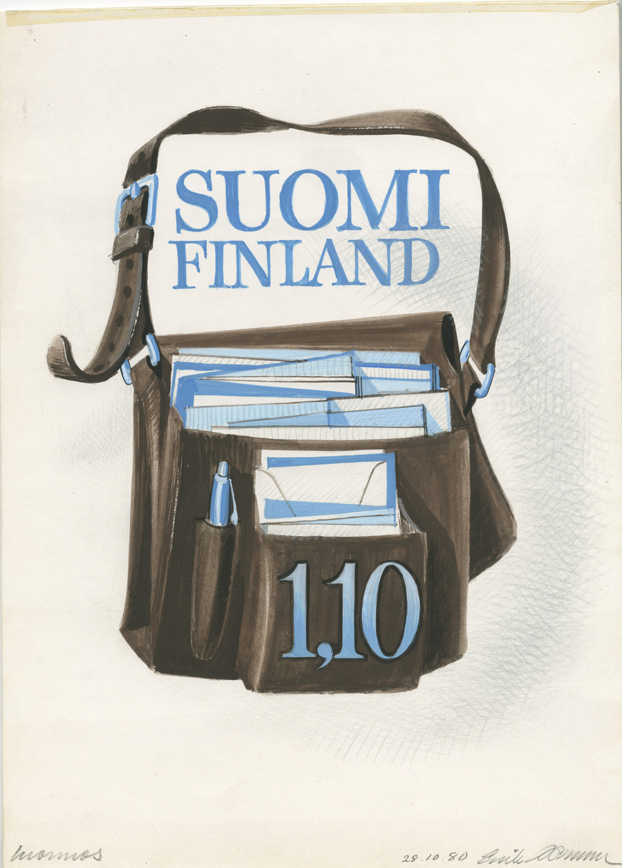 Piirretty ruskea kassi, jossa sisällä papereita. Isaossa paperissa lukee Suomi-Finland. Kassin etutaskussa lukee sinisellä värillä 1,10.