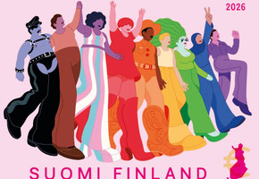 Postimerkissä värikkäitä ihmisiä kulkueessa. Tekstinä Suomi Finlans 2026