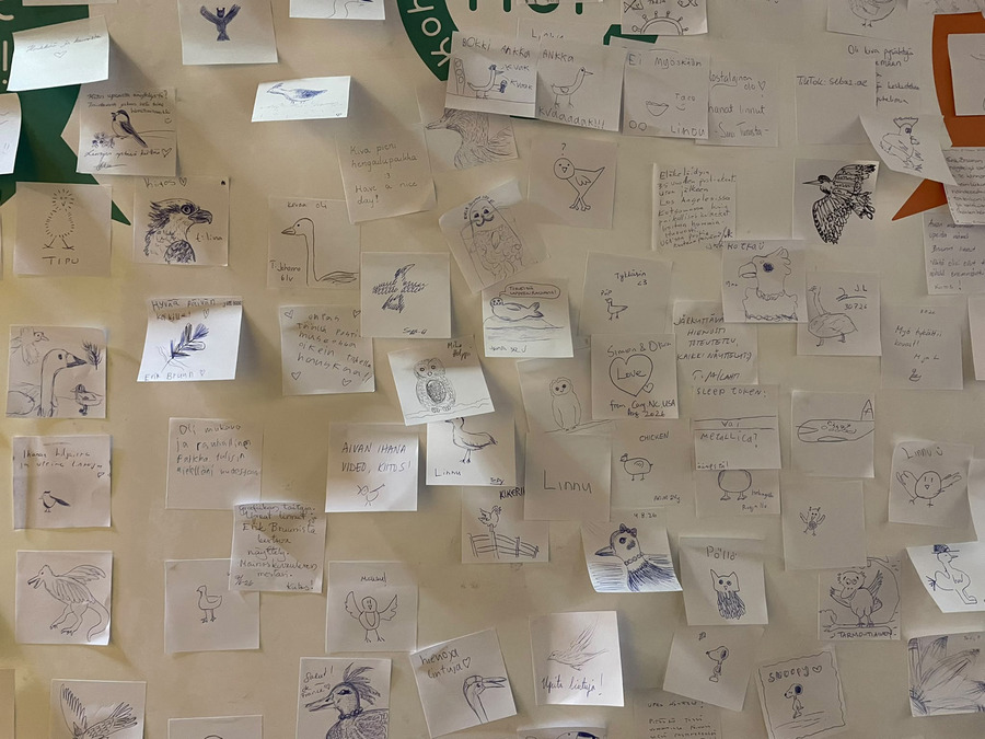 Seinä, johon on kiinnitetty valkoisia post-it lappuja, joissa on tekstiä ja piirustuksia.