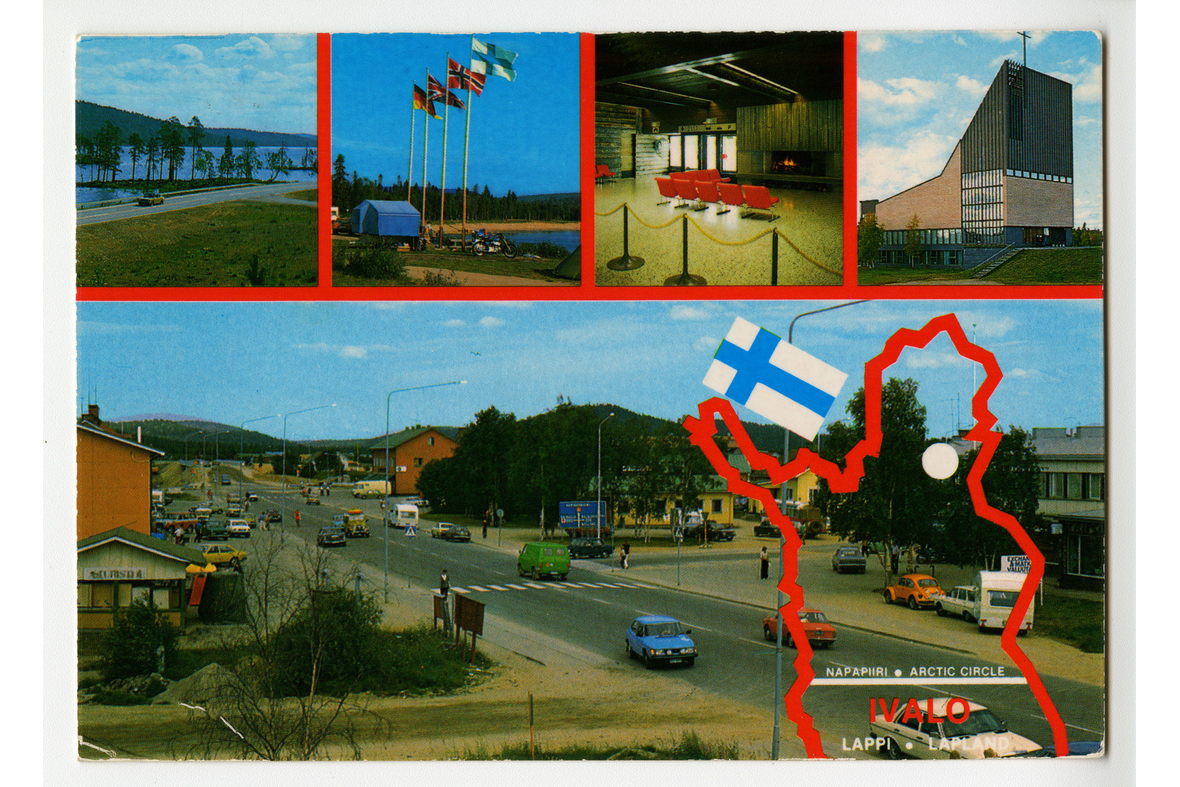 Vaakamallinen postikortti, jossa on alhaalla isompi valokuva ja ylhäällä neljä pienempää kuvaa. Alemman päällä Suomen kartta Lapin kohdalta, jossa valkoisella pallolla merkitty kohta. Tekstinä Ivalo. Lappi - Lapland.