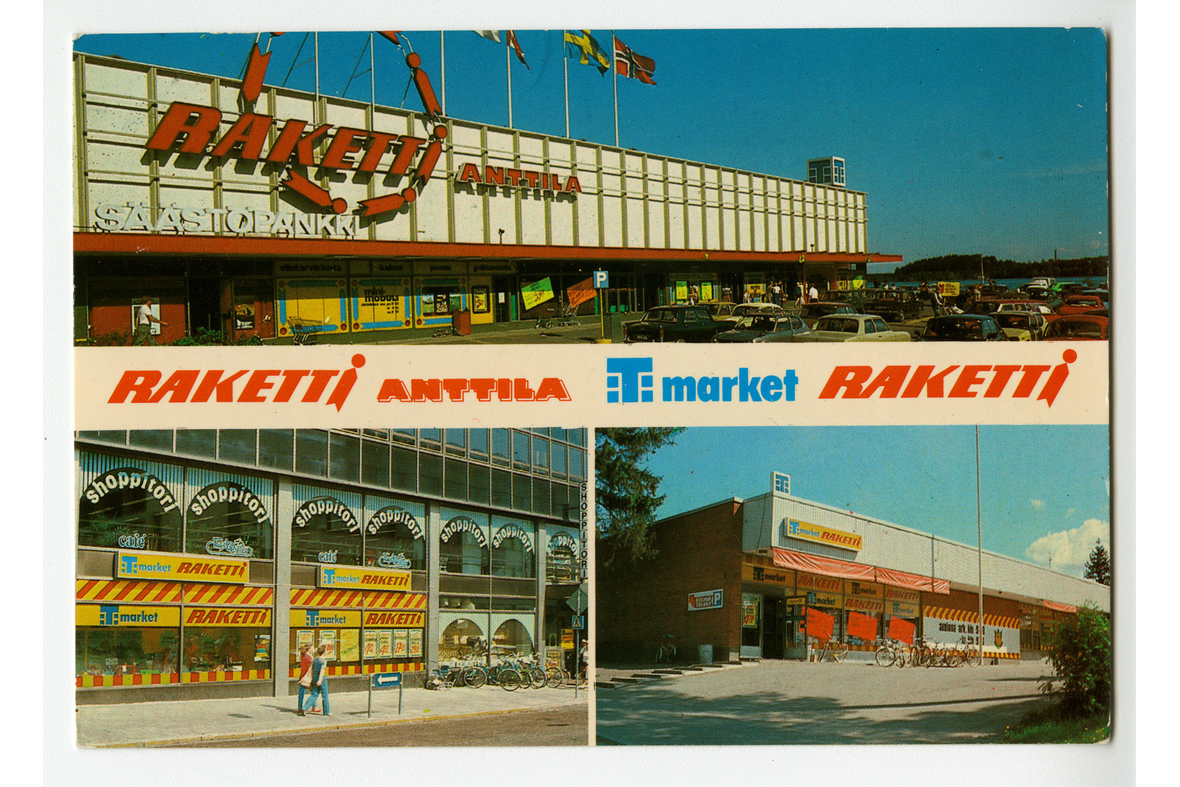 Vaakatasoisessa postikortissa kolmen marketin kuvaa. Keskellä postikorttia tekstinä Raketti molemmin puolin ja Anttilan ja Tuko-marketin logot.