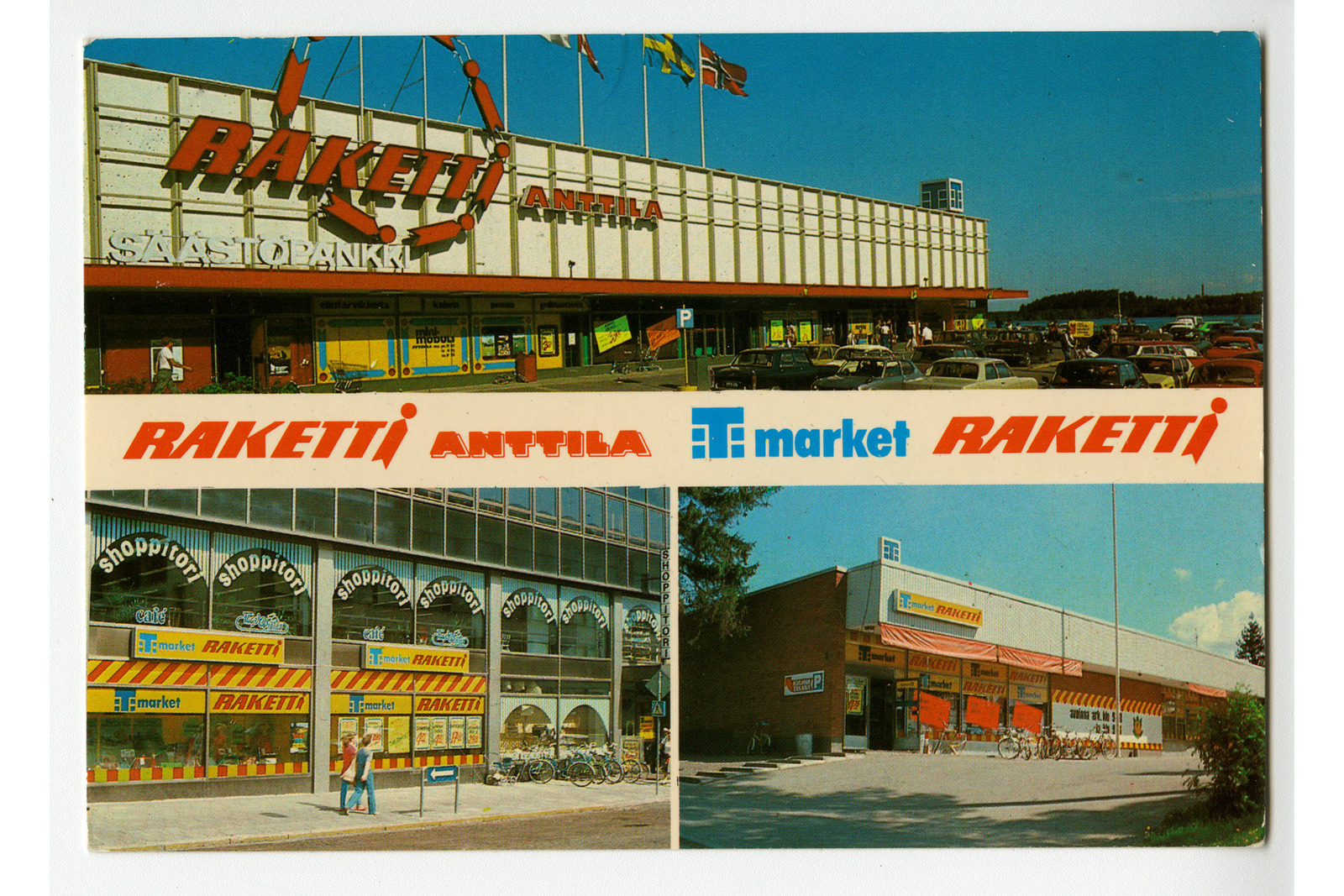Vaakatasoisessa postikortissa kolmen marketin kuvaa. Keskellä postikorttia tekstinä Raketti molemmin puolin ja Anttilan ja Tuko-marketin logot.
