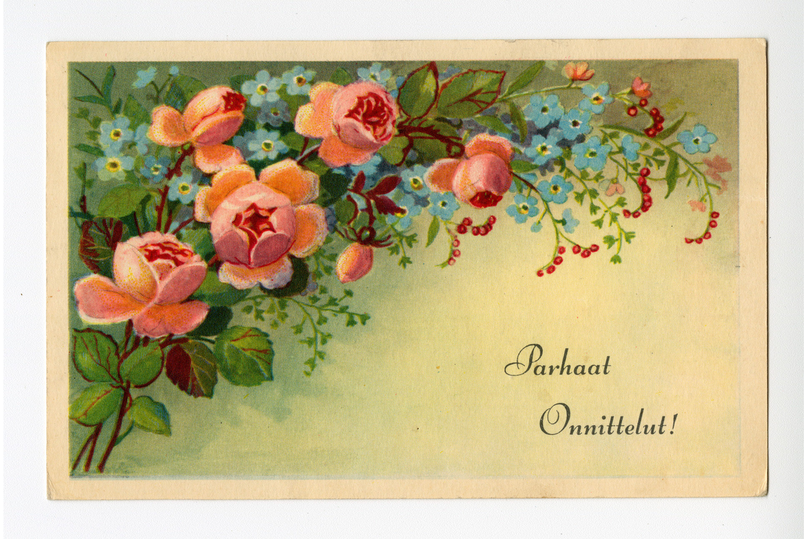Vaakamallinen postikortti, jossa on ruusupensaan oksia vasemmalla puolella kurottuen oksillaan kortin oikealle ylhäälle. Ruusun seassa lemmikkikukkia. Oikealla alhaalla painettu teksti Parhaat onnittelut!.