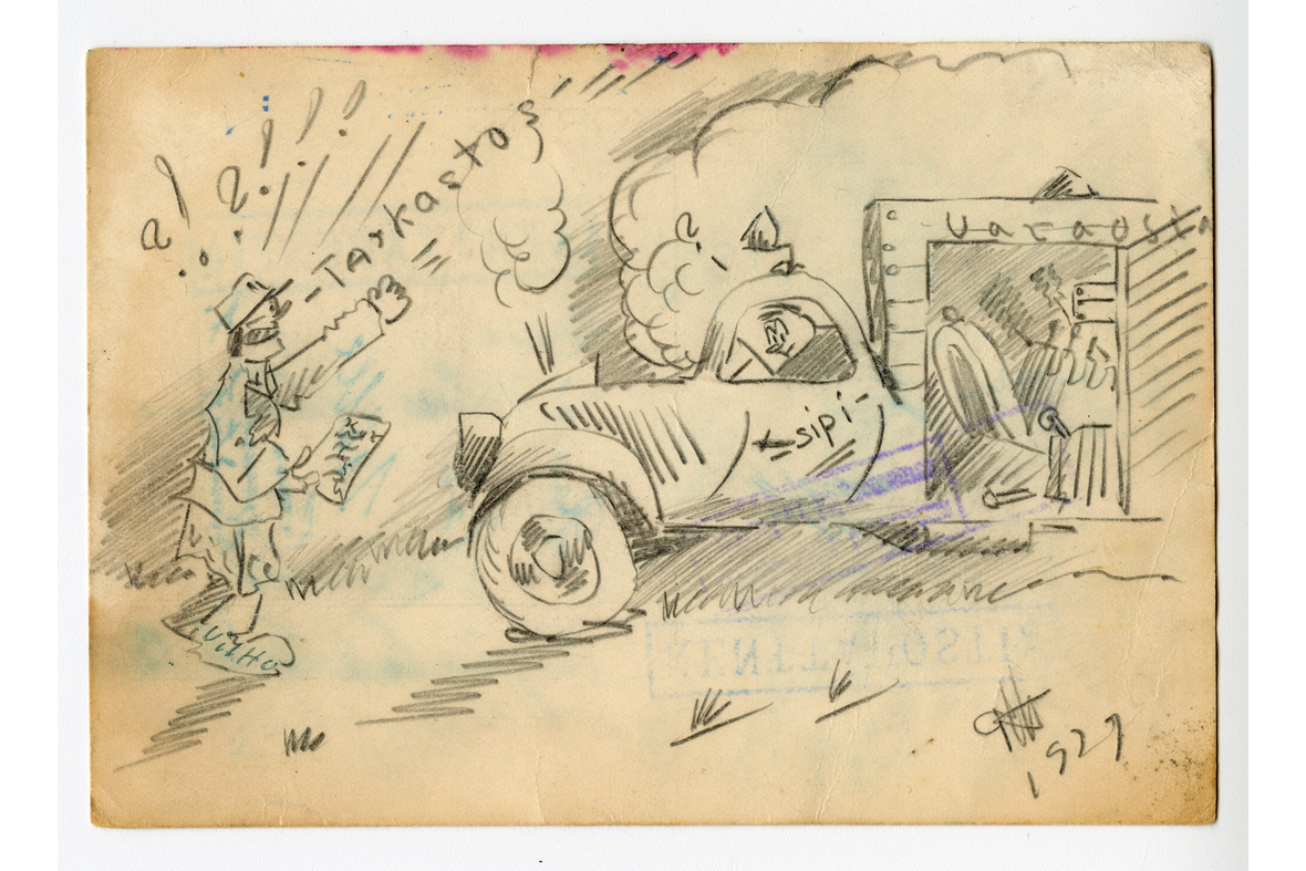 Vaakatasoinen postikortti, jossa on lyijykynäpiirros. Piirroksessa sotilas ilmoittaa tarkastus kuorma-autolle, jossa on ovi auki ja sisällä tavaroita. Yläpuolella teksti varaosia.