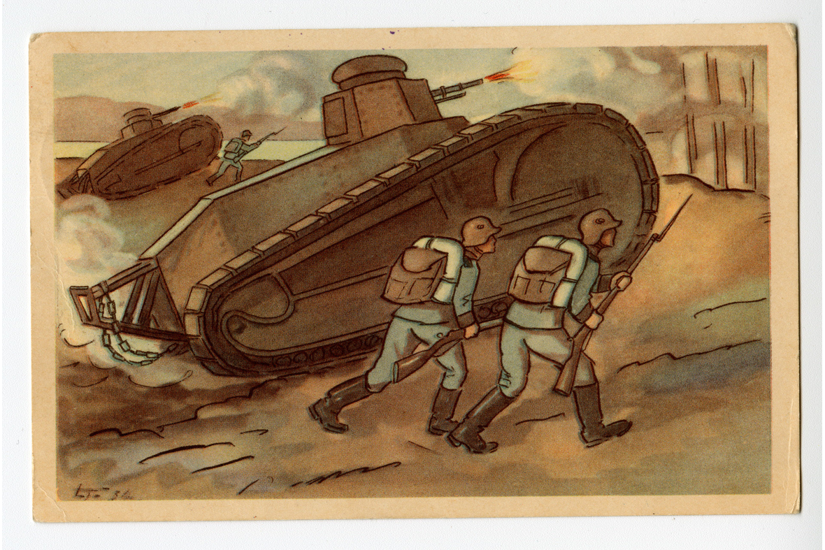 Vaakatasoinen postikortti, jossa piirrettynä kuvakahdesta panssariajoneuvosta tulittamassa ja kolmesta sotilaasta kypärissään, repuissaan, saappaissaan ja aseissaan, joissa pistin.