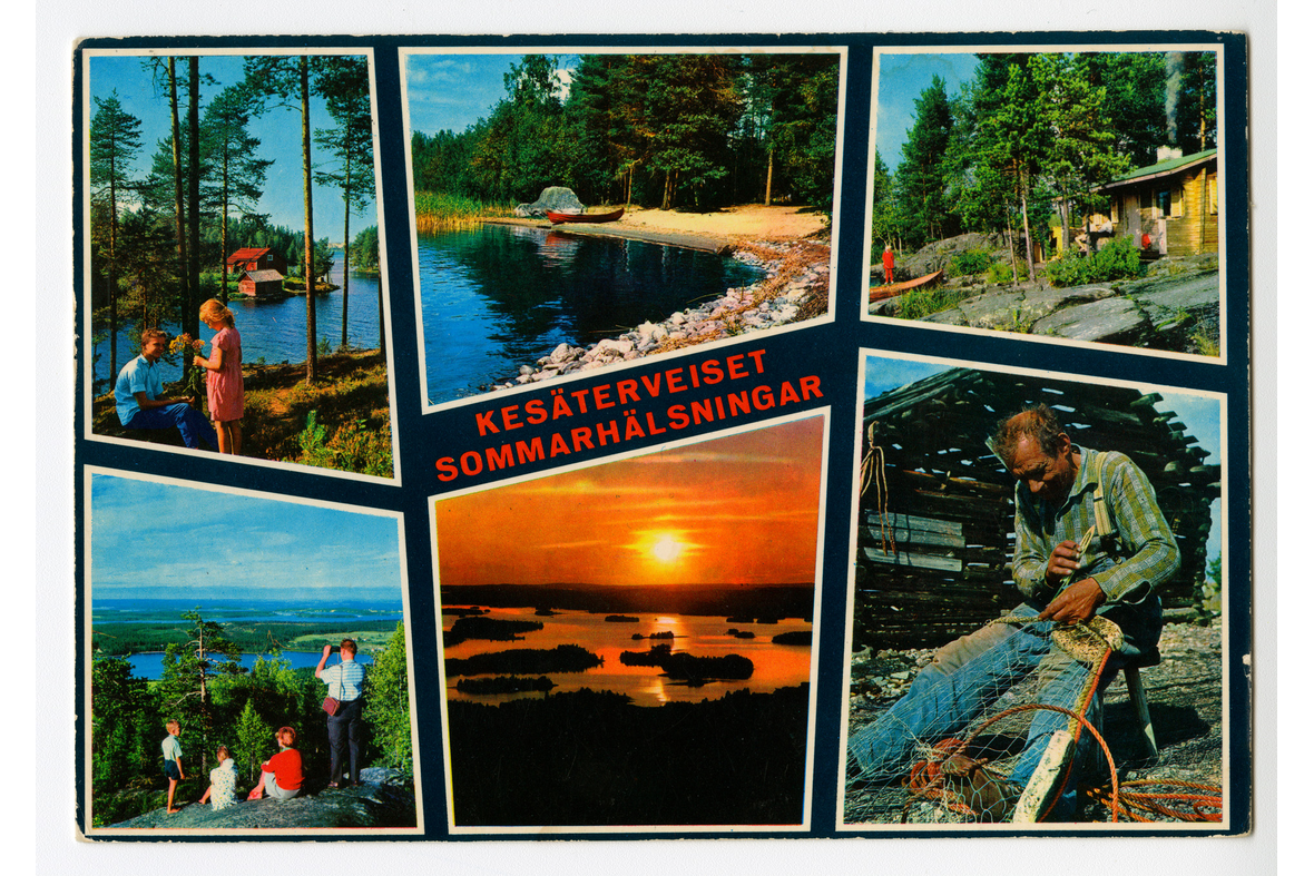 Vaakamallinen postikortti, jossa on kuudessa vinossa olevissa neliössä kesäluontokuvia,. Kolmessa kuvassa ihmisiä,. Keskellä tekstinä Kesäterveiset Sommarhälsningar.