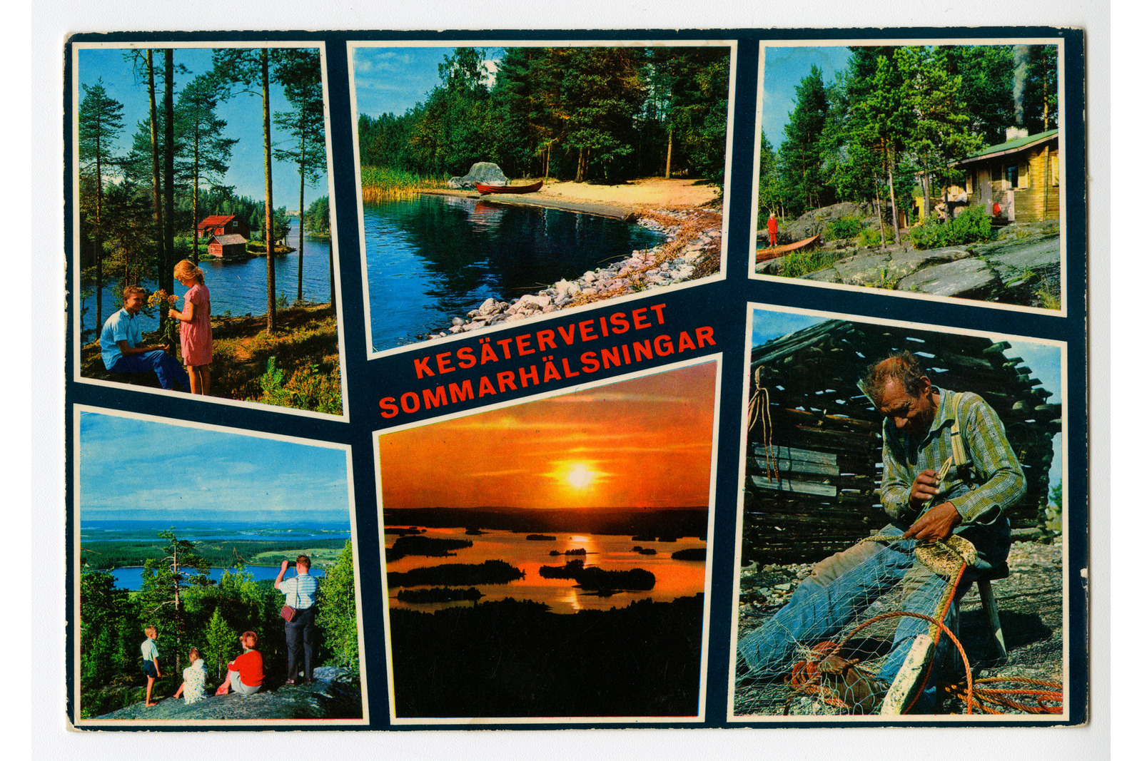 Vaakamallinen postikortti, jossa on kuudessa vinossa olevissa neliössä kesäluontokuvia,. Kolmessa kuvassa ihmisiä,. Keskellä tekstinä Kesäterveiset Sommarhälsningar.