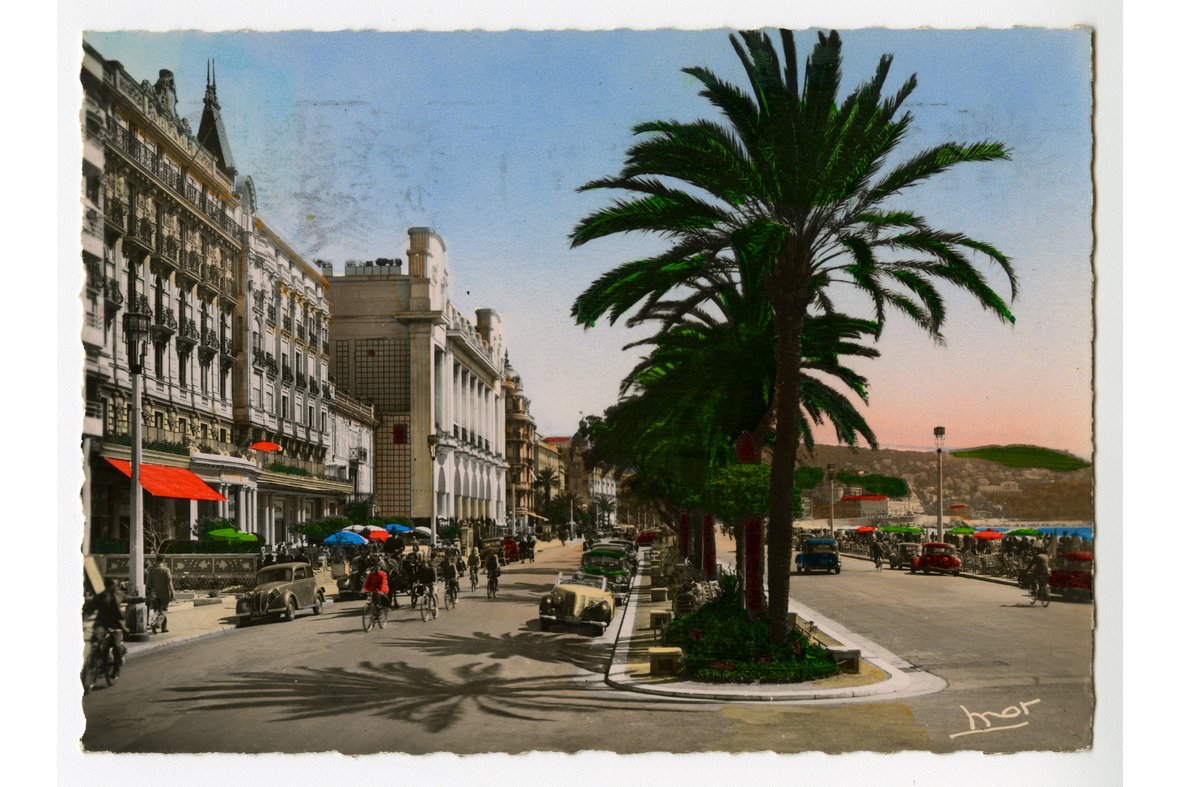 Vaakamallinen postikortti, jossa valokuvassa palmurivi, tietä molemmin puolin ja reunalla rakennuksia.