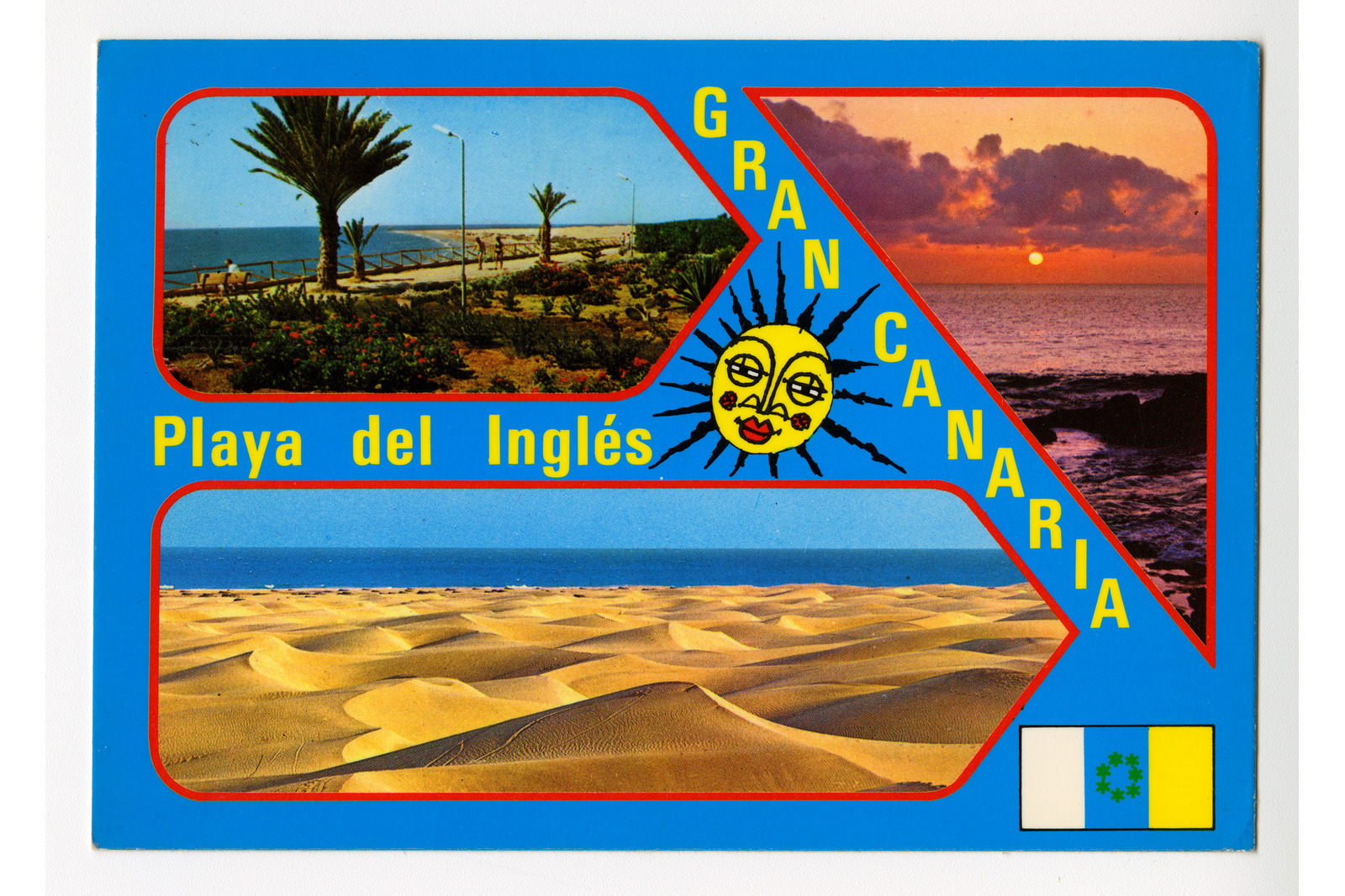 Vaakatasoinen postikortti, jossa on sinisellä pohjalla kolme maisema kuvaa merestä, hiekkarannasta ja palmupuista. Tekstinä keltaisella Playa del Inglés Gran Canaria sekä piirretty kasvoilla oleva aurinko. Oikealla alakulmassa on Kanarian saarten lippu