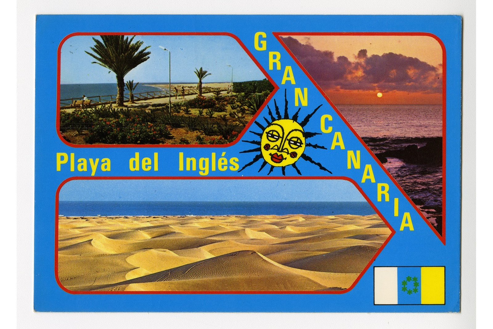 Vaakatasoinen postikortti, jossa on sinisellä pohjalla kolme maisema kuvaa merestä, hiekkarannasta ja palmupuista. Tekstinä keltaisella Playa del Inglés Gran Canaria sekä piirretty kasvoilla oleva aurinko. Oikealla alakulmassa on Kanarian saarten lippu.