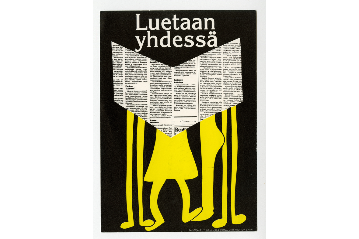 Pystymallisessa mustapohjaisessa kortissa on keltaisella muodostetut jalat, joiden yläpuolella lehden taitos ja Luetaan yhdessä -teksti.