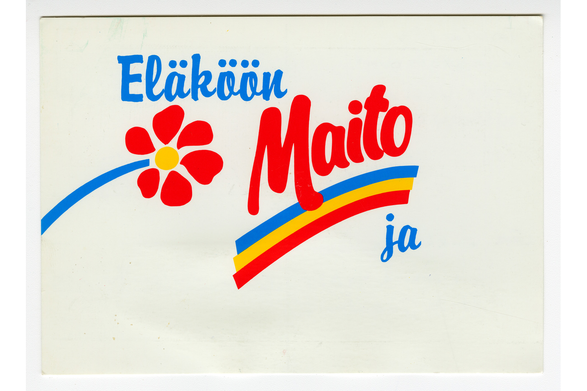 Vaakatasoisessa postikortissa on Eläköön Maito -logo sekä tekstinä lisäksi ja.