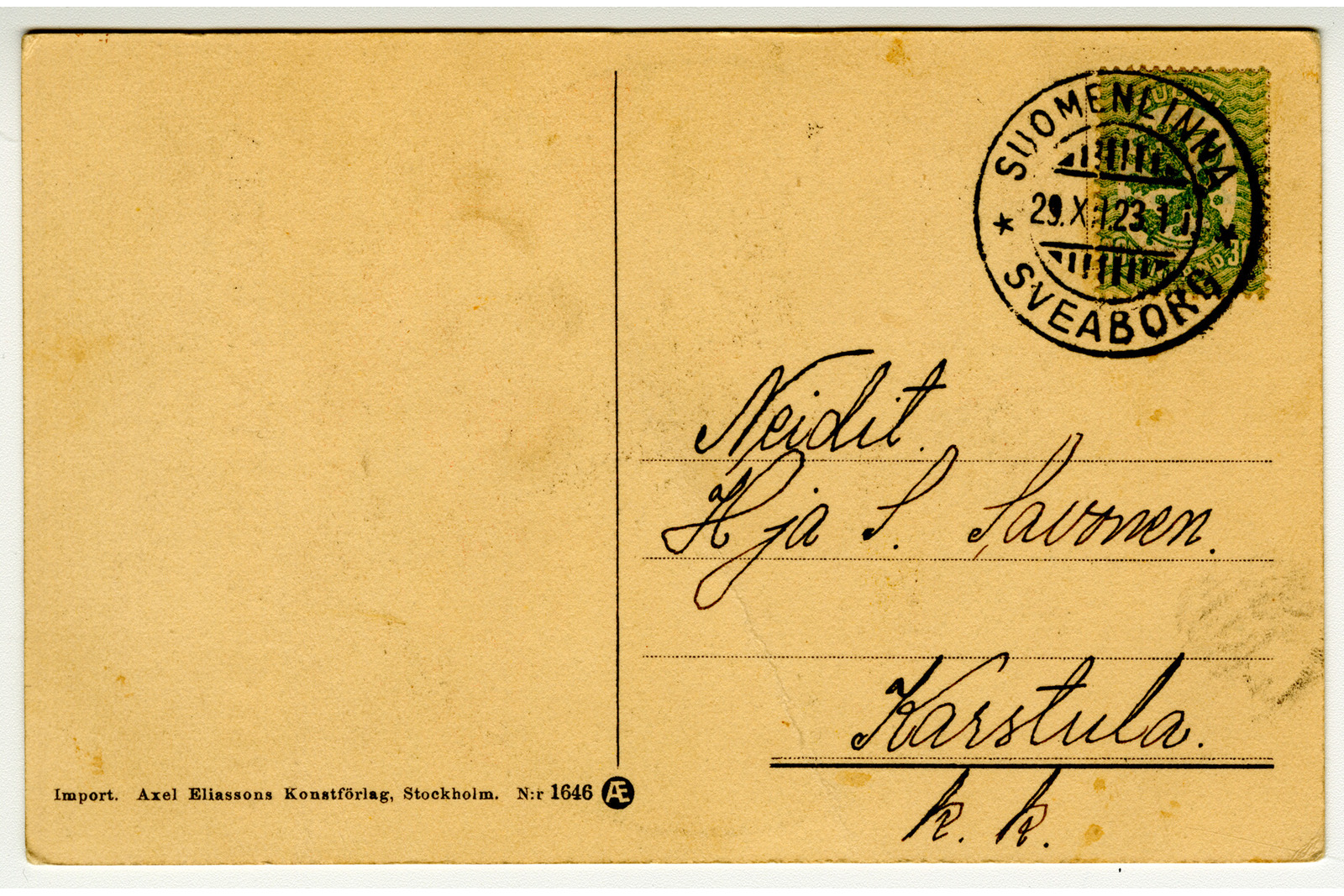 Postikortin taustapuoli, jossa vihreä Vaasan malli 1918 -postimerkki päällään Suomenlinnan postileima päiväyksellä 29.11.23. Osoitteeksi on kirjoitettu Neidit, H. ja I. Savonen Karstula kk