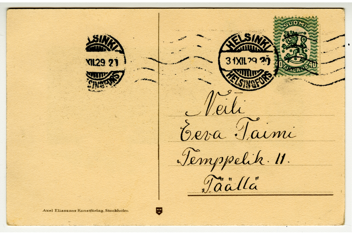 Postikortin tausta, jossa vihreä Vaasan malli 1918 -postimerkki sekä Helsingin postileimat. Osoitettu: "Neiti Eeva Taimi Temppelik. 11, Täällä"