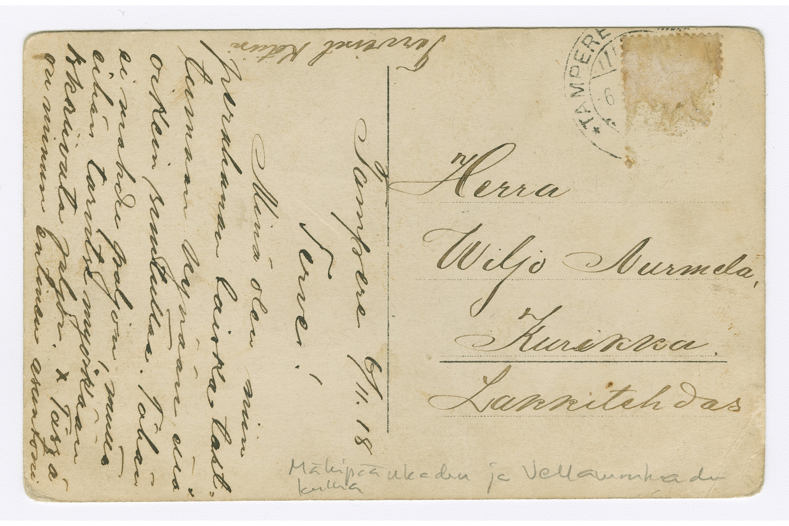 Postikortin taustapuoli, joka on osoitettu Herra Viljo Nurmelalle Lammintehtaalle ja päivätty Tampere 6.11.1918.
