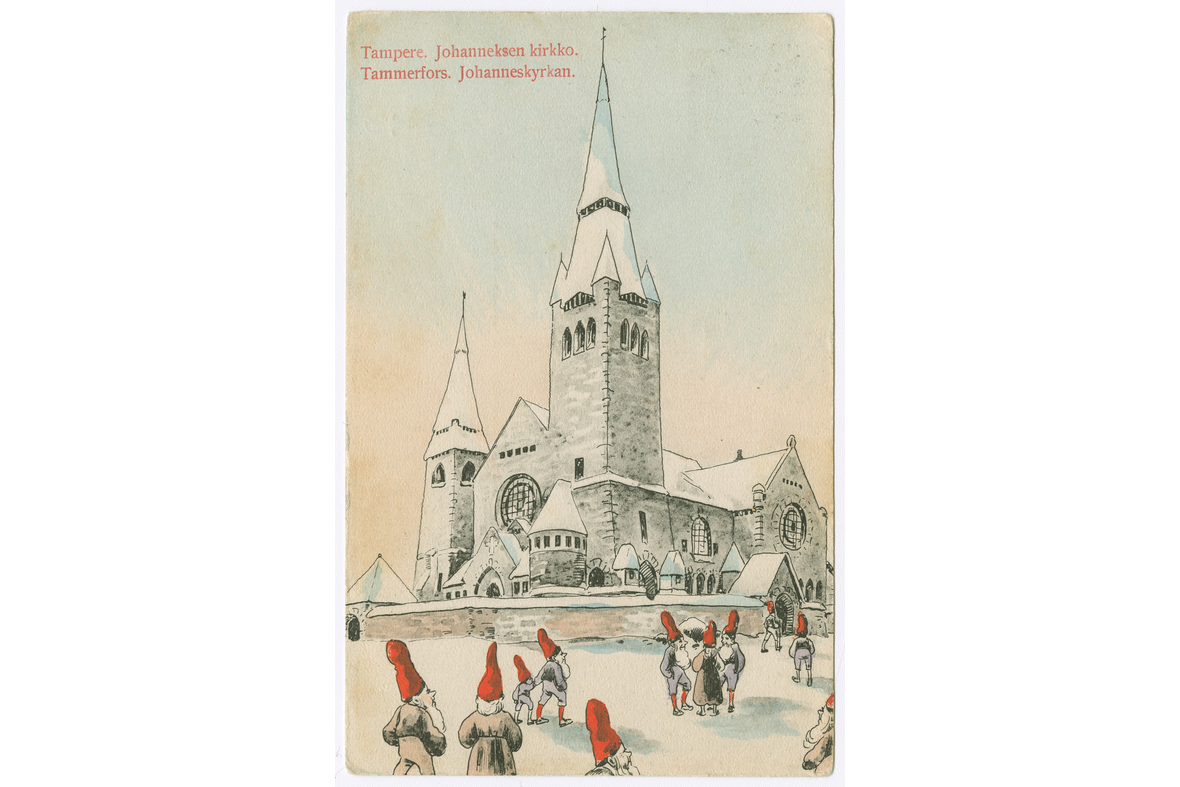 Pystytasoinen piirrospostikortti, jossa on kivinen kirkko ja lumessa liikkuvia erinäköisiä ja -kokoisia tonttuja. Tekstinä yläpuolella Tampere Johanneksen kirkko Tammerfors Johanneskyrkan.