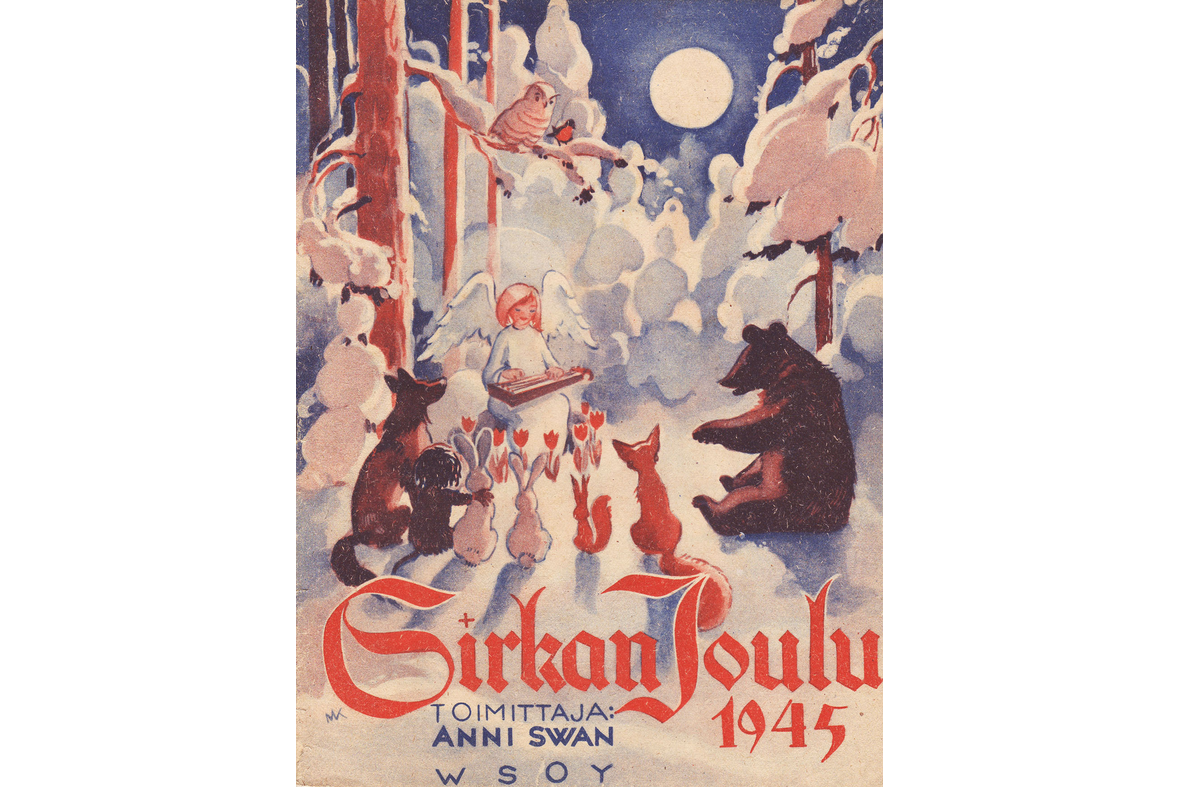 Sirkan joulu -lehden kansi, jossa piirroskuva talvisesta metsästä eläinten ollessa soittavan enkelin ympäröimänä.