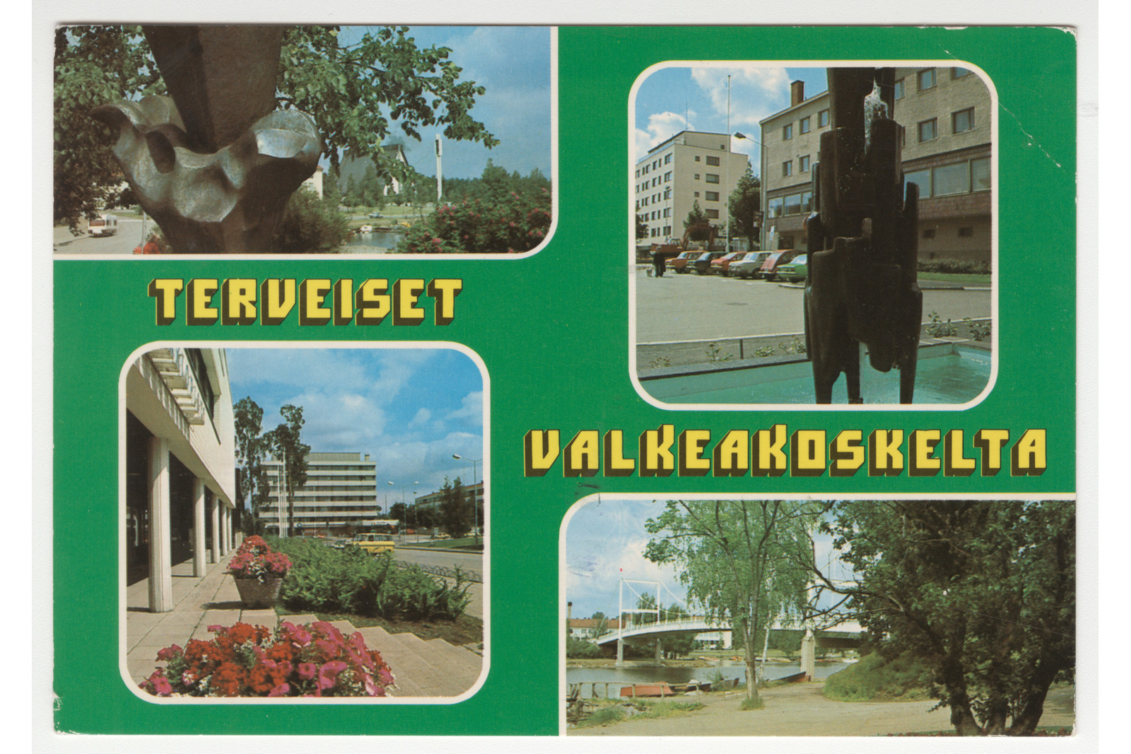 Vaakatasoinen postikortti, jossa neljä kuvaa Valkeakosken kaupungin maisemista ja vihreällä pohjalla keskellä teksti keltaisella Terveiset Valkeakoskelta.