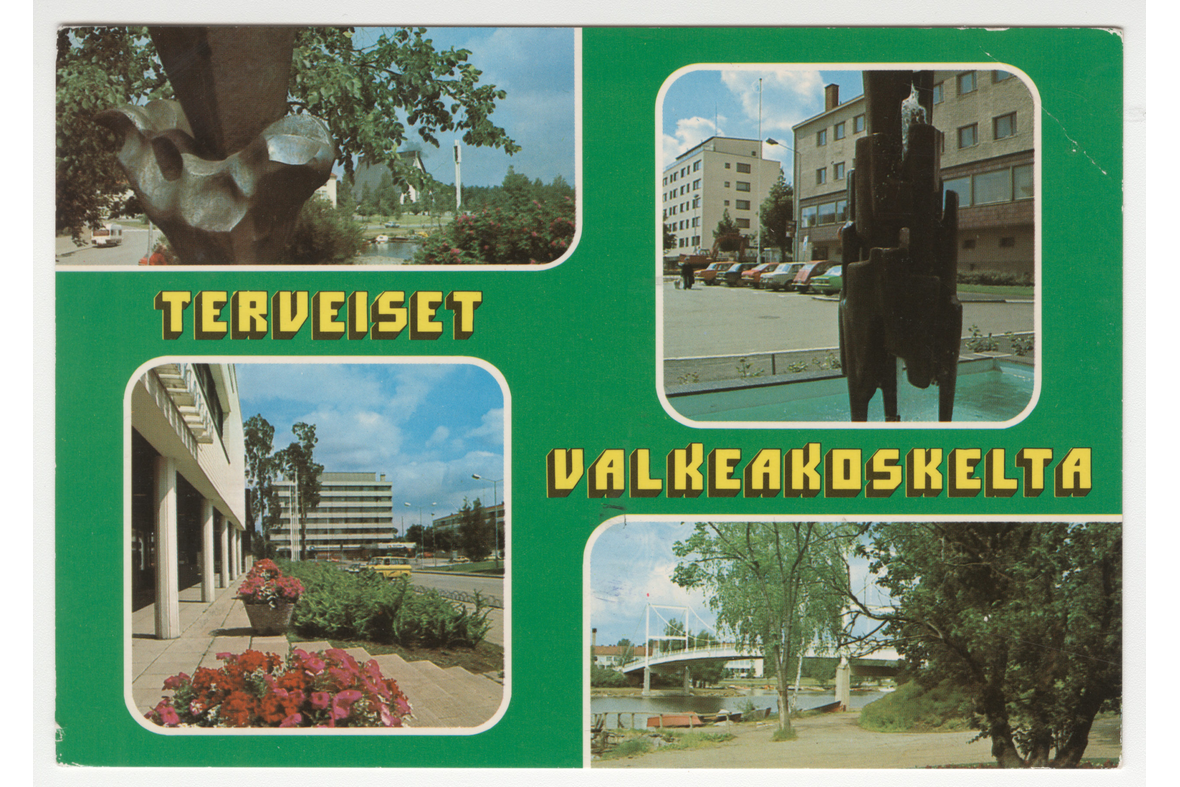Vaakatasoinen postikortti, jossa neljä kuvaa Valkeakosken kaupungin maisemista ja vihreällä pohjalla keskellä teksti keltaisella Terveiset Valkeakoskelta.