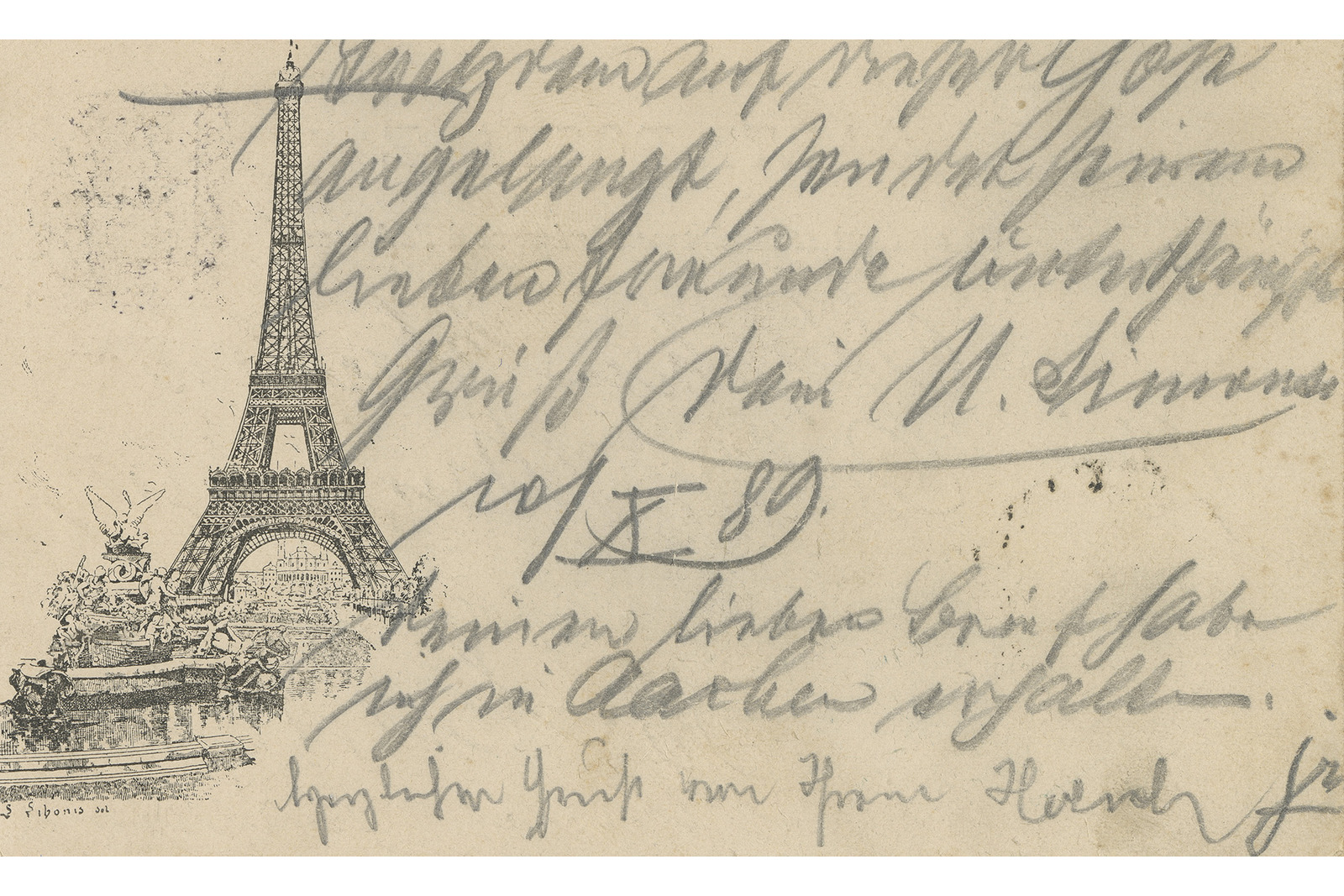 Eiffel-torni-postikortti ja kortin päällä kirjoitusta.