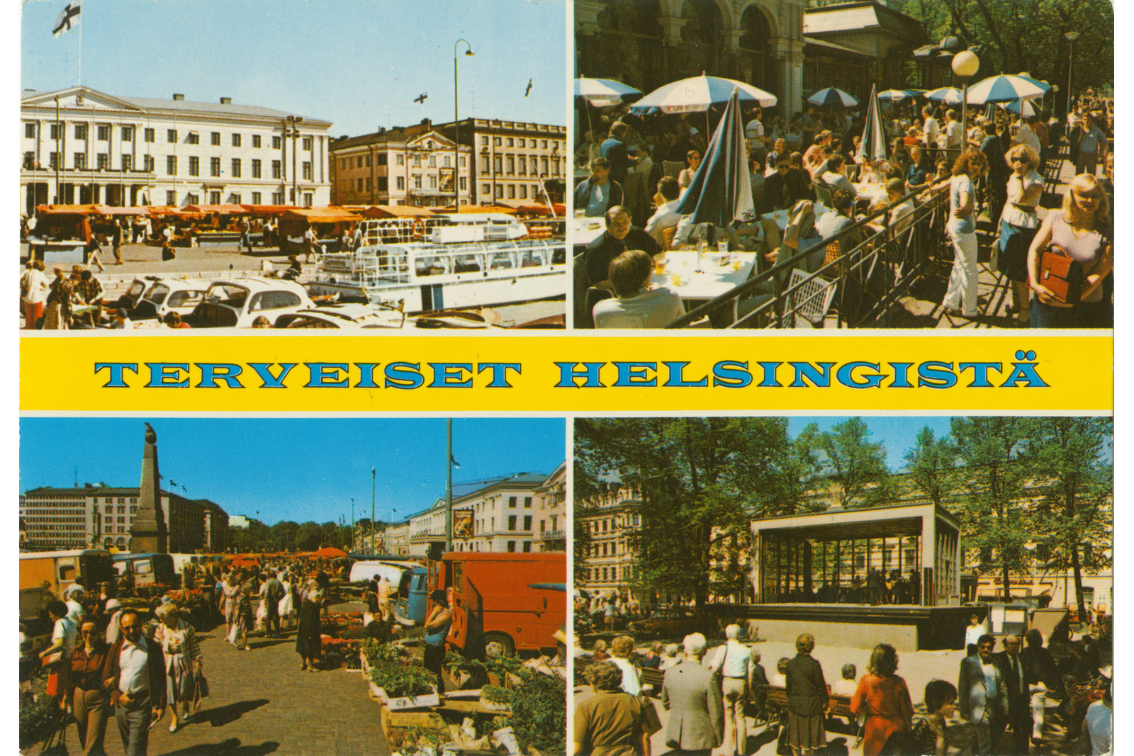 Vaakamallinen kortti, jossa neljän kuvan sarja Helsingistä, Keskellä keltaisella pohjalla, sinisellä teksti Terveiset Helsingistä.