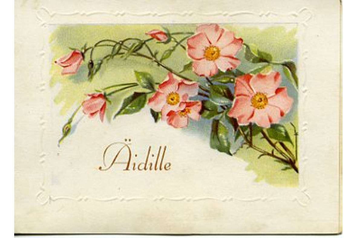 Vaakatasoinen postikortti, jossa on valkoinen reuna. Valkoisen reunan sisimmällä puolella on kohokuvioinen kiemurteleva kuvio, jonka sisällä on piirroskuva kukkivasta oksasta sekä teksti Äidille.
