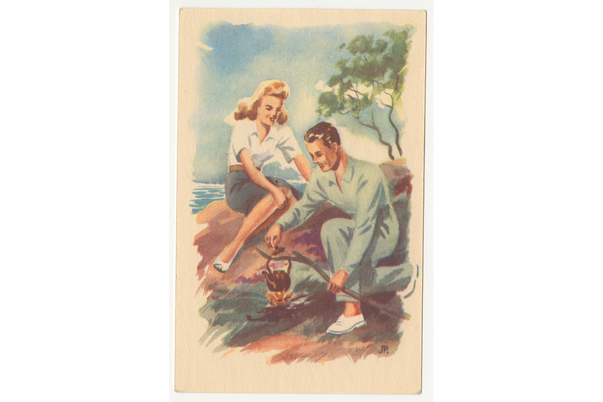 Piirroskuvassa nainen ja mies rannalla keittämässä oksalla olevaa pannua nuotion päällä