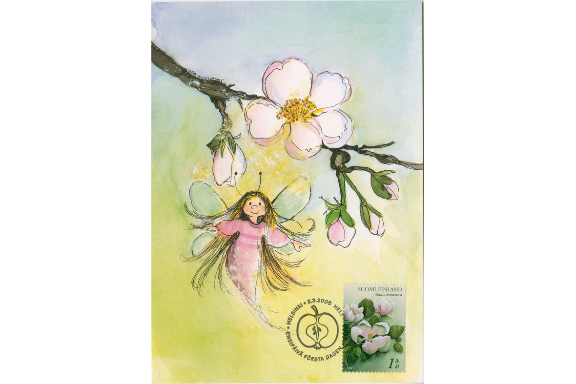Piirroskuvassa keijukainen kukkivan omenapuun oksan luona, alla postimerkki, jossa omenapuun kukkia.