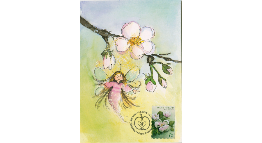 Piirroskuvassa keijukainen kukkivan omenapuun oksan luona, alla postimerkki, jossa omenapuun kukkia.