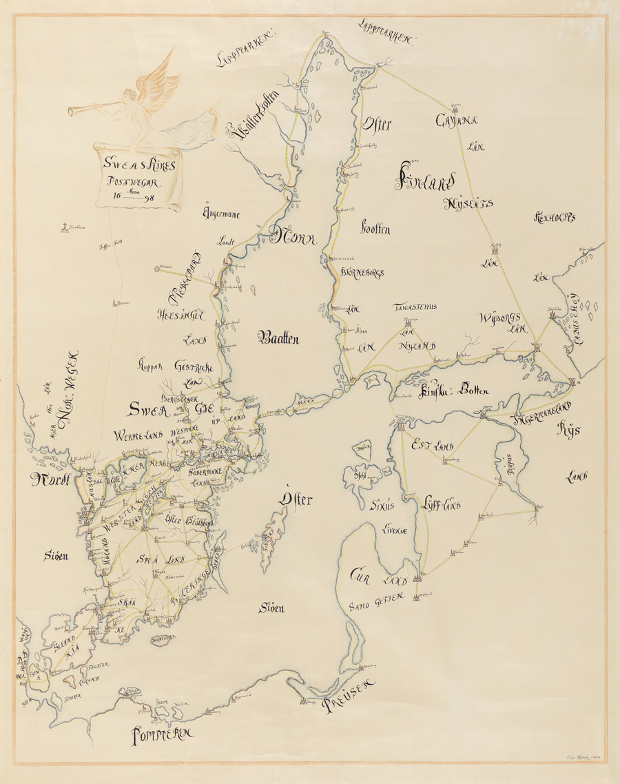 Vuoden 1698 postikartan kopio. Kartassa Etelä-Suomea, Ruotsia ja Baltiaa.