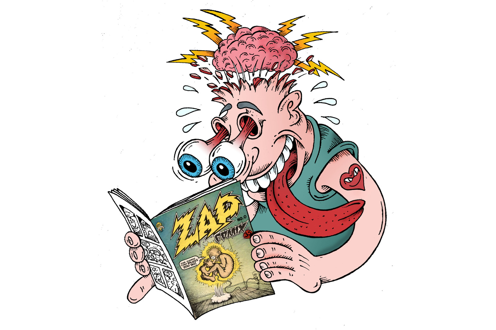 a cartoon character reading a comic book, looking surprised