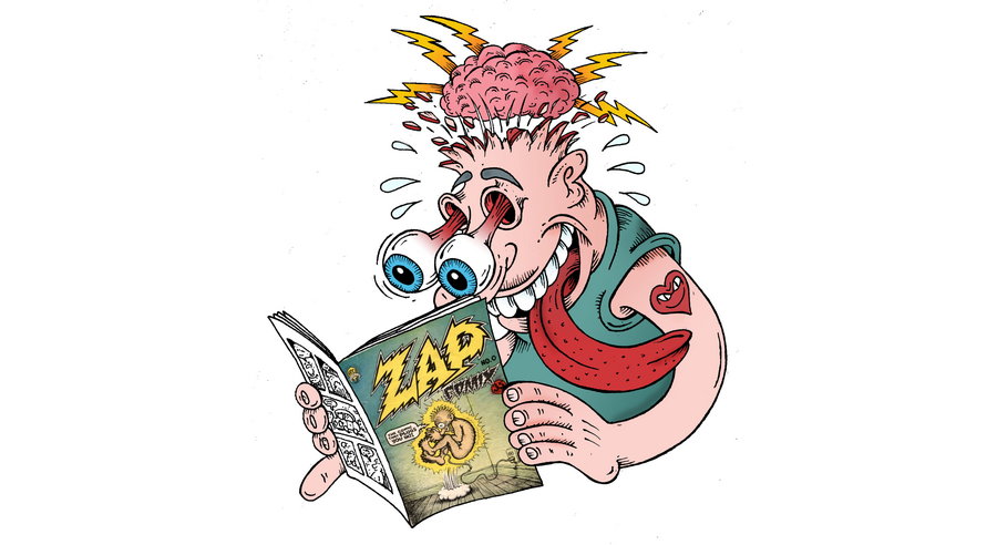 a cartoon character reading a comic book, looking surprised