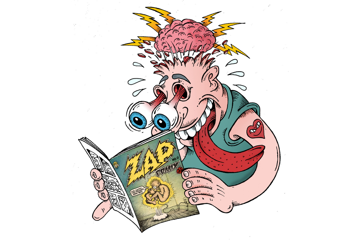 a cartoon character reading a comic book, looking surprised