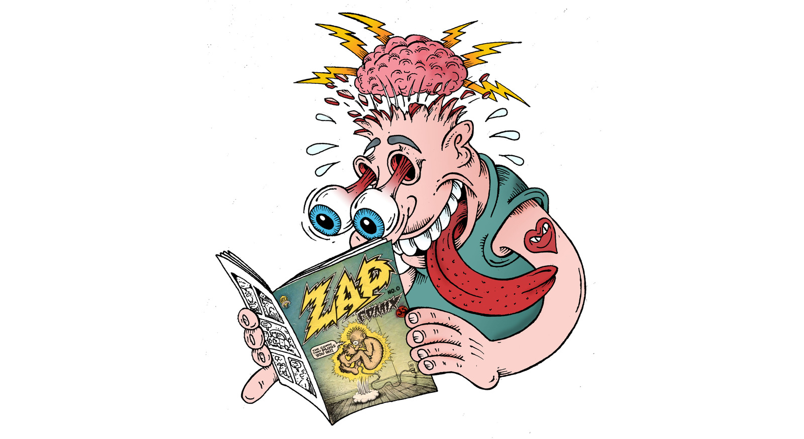 Sarjakuvaa lukeva, hämmästynyt piirroshahmo.