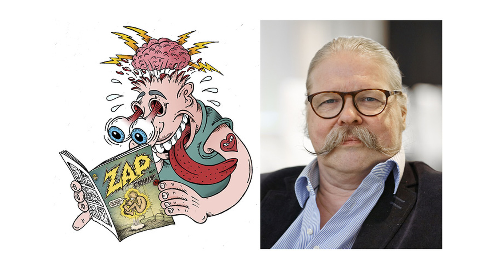 Vasemmalla sarjakuvaa lukeva, hämmästynyt hahmo, oikealla harmaantunut mies, jolla näyttävät viikset ja silmälasit.
