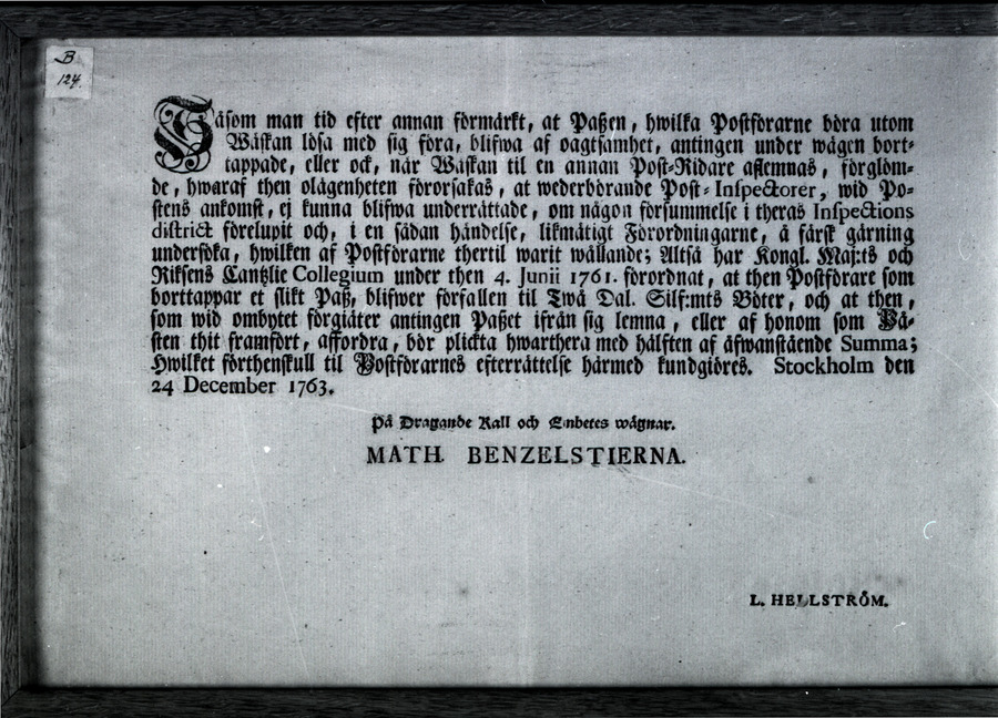 Mustavalkoinen kuva vuonna 1763 fraktuuralla painetusta varoituksesta