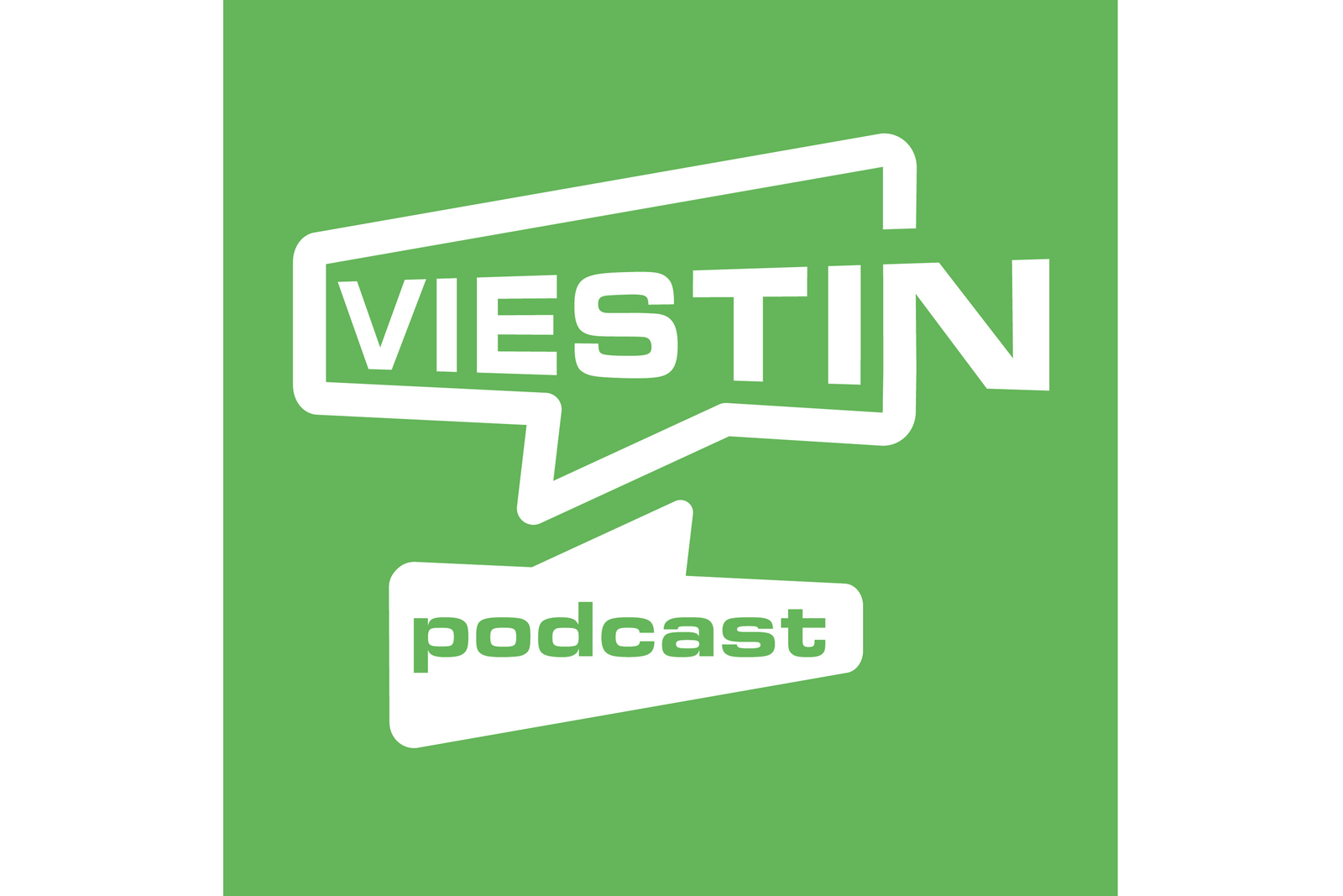 Vihreäpohjainen logo, jossa on kaksi valkoista puhekuplaa. Ylemmässä puhekuplassa lukee suurin kirjaimin “VIESTIN” ja alemmassa “podcast”. Teksti on vihreän ja valkoisen värinen, ja puhekuplat on sijoitettu limittäin korostamaan viestintää ja keskustelua. Logon ilme on selkeä, moderni ja pelkistetty.