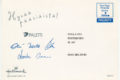 Vaakamallisen postikortin taustapuoli, jossa on Hyvää pääsiäistä -teksti, paletin logo sekä viisi eri allekirjoitusta. Postikortti on osoitettu Itella OYJ Postimuseo PL 167 Helsinki