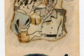 Pystymallinen postikortti, jossa on poltettu reunainen piirroskuva kättä lippaan laittavasta sotilaasta ja kättään ojentavasta naisesta sekä alapuolella tekstinä käsinkirjoitettu Hyvää Vappua! -toivotus. Postileimana on Hyrylän postileima 26.4.44.