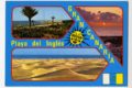 Vaakatasoinen postikortti, jossa on sinisellä pohjalla kolme maisema kuvaa merestä, hiekkarannasta ja palmupuista. Tekstinä keltaisella Playa del Inglés Gran Canaria sekä piirretty kasvoilla oleva aurinko. Oikealla alakulmassa on Kanarian saarten lippu.