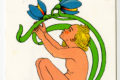 Pystytasoisessa postikortissa piirroskuva, jossa alaston lapsi on kiertyneen kukan sisällä ja yläpuolella lentää lokki. Alapuolella on tekstinä Hyvä alku elämälle Mannerheimin Lastensuojeluliitto.