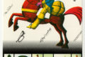 Pystymallinen postikortti, jossa on yläosassa piirroskuva posteljoonista hevosen selässä puhaltamassa postitorveen, alhaalla on pikkukuvia näyttelystä sekä osoitetieto, teksti Posti- ja telemuseo, postin tyylitelty postitorvi-logo sekä aukioloaikatiedot