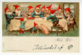 Vaakamallisessa postikortissa tonttujoukko on kerääntynyt pöydän ympärille, mukana on pari sikaa ja pöydällä omenalautanen sekä kynttelikkö. Piirroksen alla Teksti Jenny Nyström ja God Jul sekä käsinkirjoitettuna Tillönskas af GJ