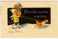 Vaakamallinen Jenny Nyströmin taiteilemakortti, jossa keltaisiin talvitakkiin ja pipoon sonnustautunut lapsi kantaa hyasintti-tulppaaniruukkua ja taluttaa koiraa. Alla teksti: Toivottaa Sole S. ja keskellä hyvää uutta vuotta